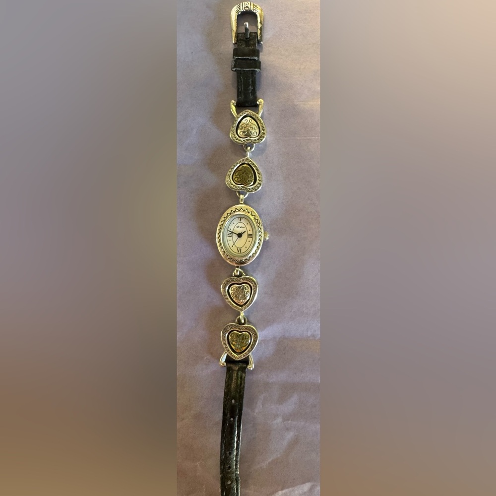 Brighton Silver Heart Link Watch with Black Leather Strap